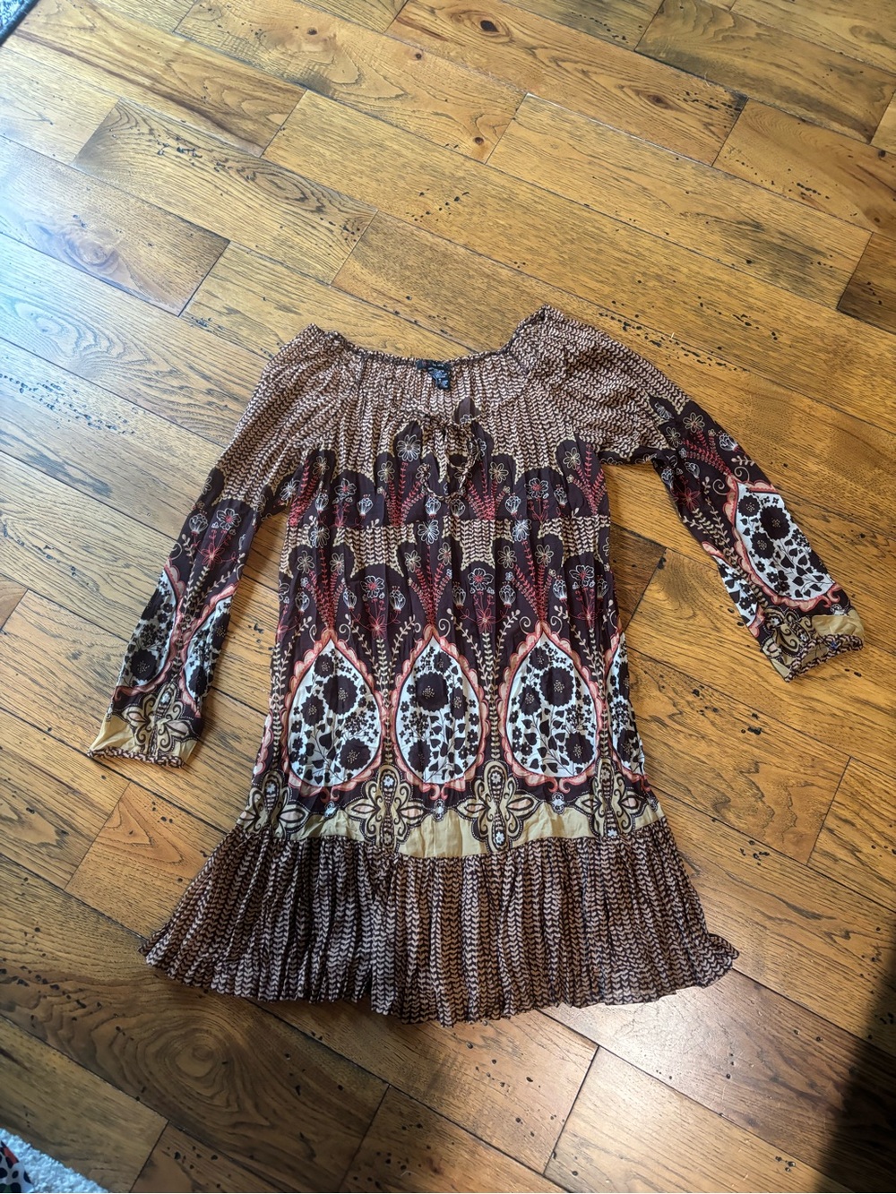 Fire Los Angeles Boho Long Sleeve Printed Women’s Tunic Dress - Brown Multi Sz S